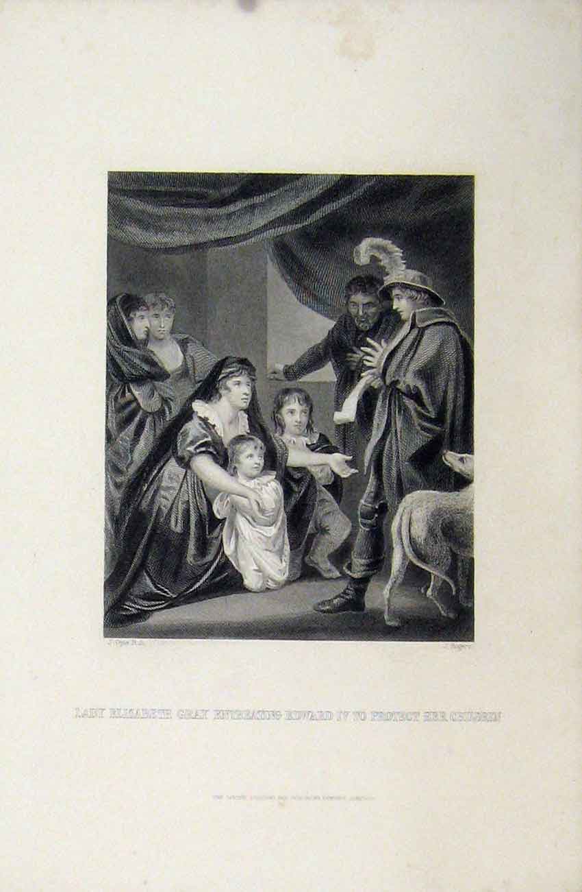 Old Antique Print Lady Elizabeth Gray Entreating Edward Iv Children C1880 19th