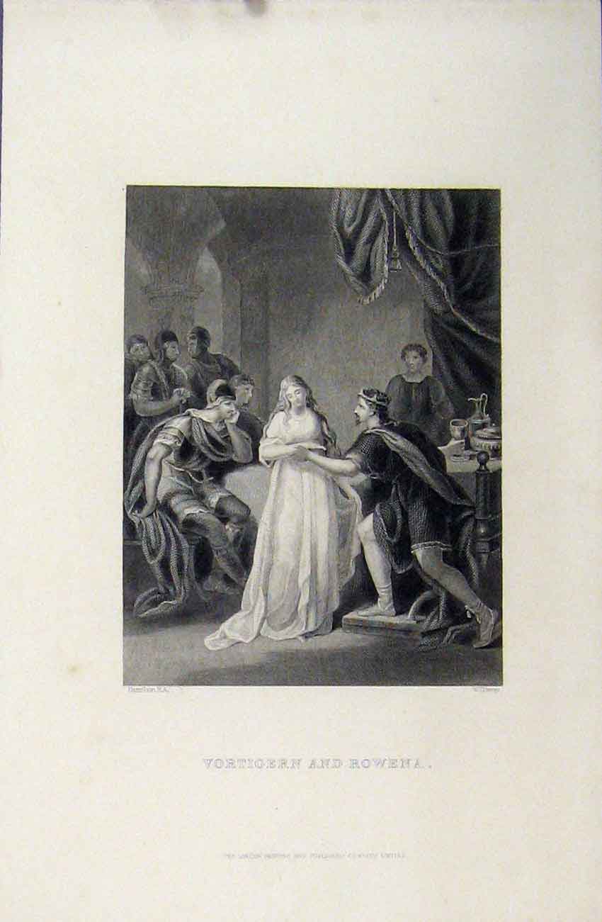 Original Old Antique Print C1880 Scene Vortigern Rowena Romance Davey Victorian