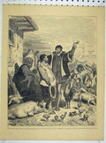 Original Old Antique Print Village Scene Family Farm Animals C1890 Gustav Dore