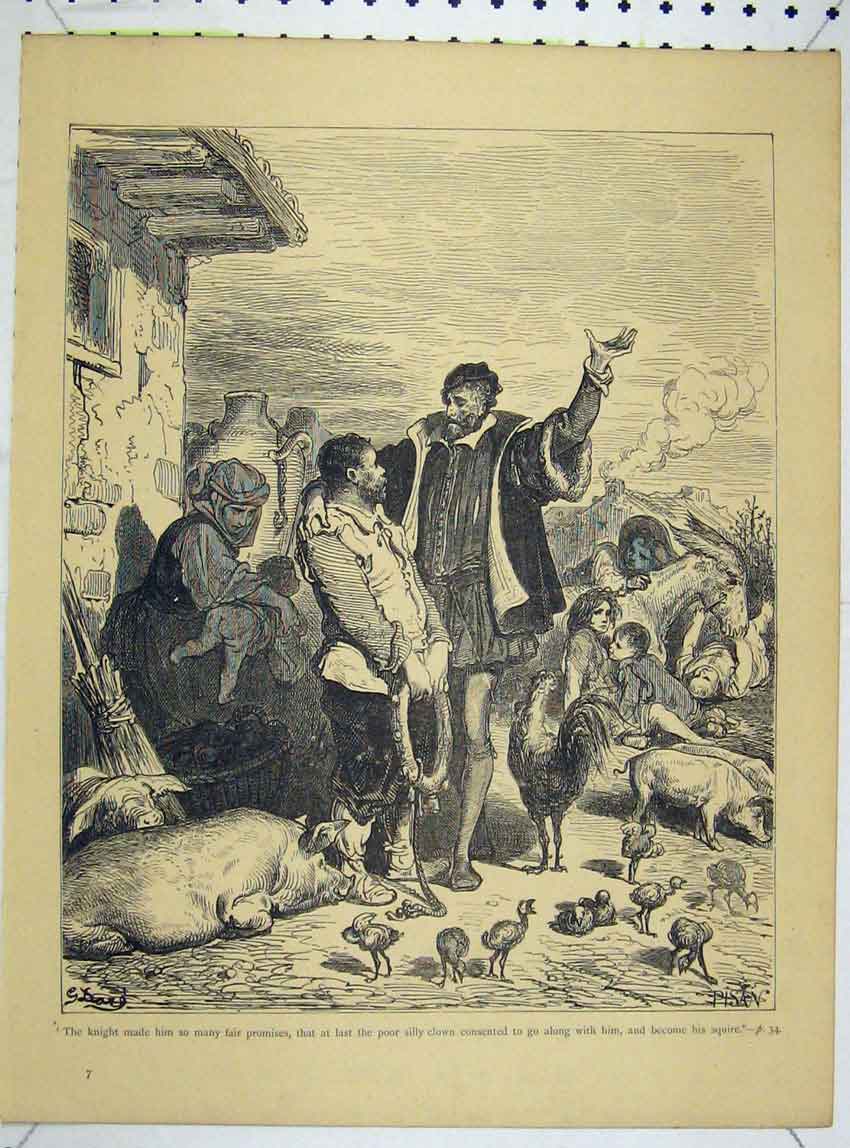 Original Old Antique Print Village Scene Family Farm Animals C1890 Gustav Dore