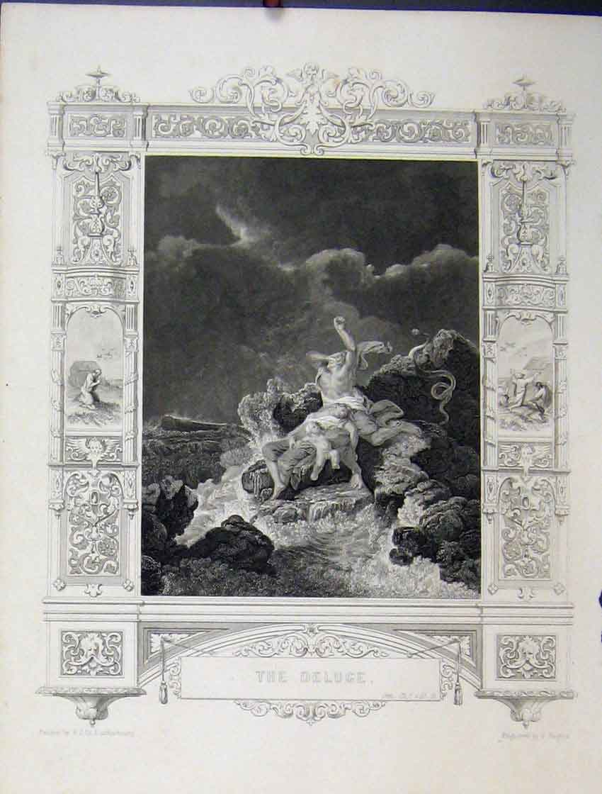 Old Antique Print C1860 Scene Deluge Family Rocks Sea Bible Study Rogers 19th