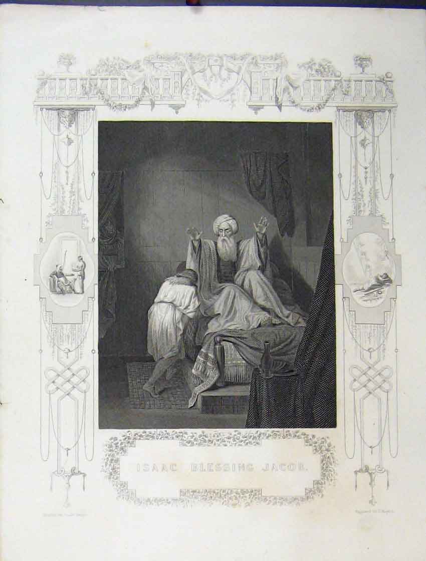 Original Old Antique Print Scene Isaac Blessing Jacob C1860 Rogers Bible Study