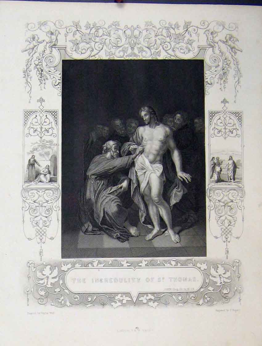 Original Old Antique Print C1860 Bible Study Scene Incredulity St Thomas Rogers