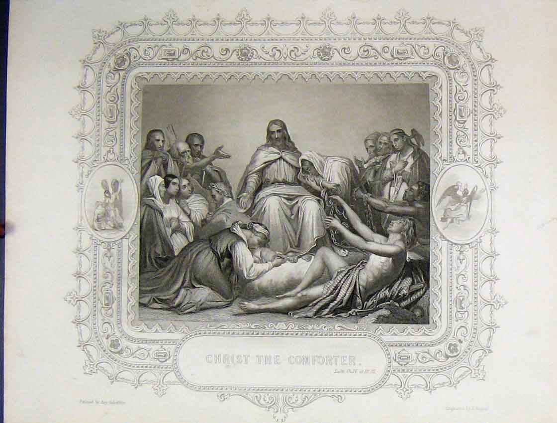 Old Antique Print Scene Christ Comforter C1860 People Bible Study Rogers 19th