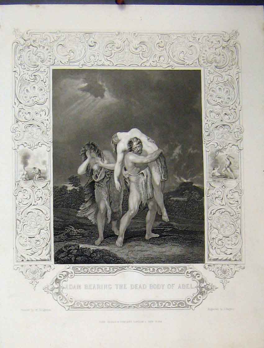 Original Old Antique Print Scene Adam Bearing Dead Body Abel C1860 Rogers 19th