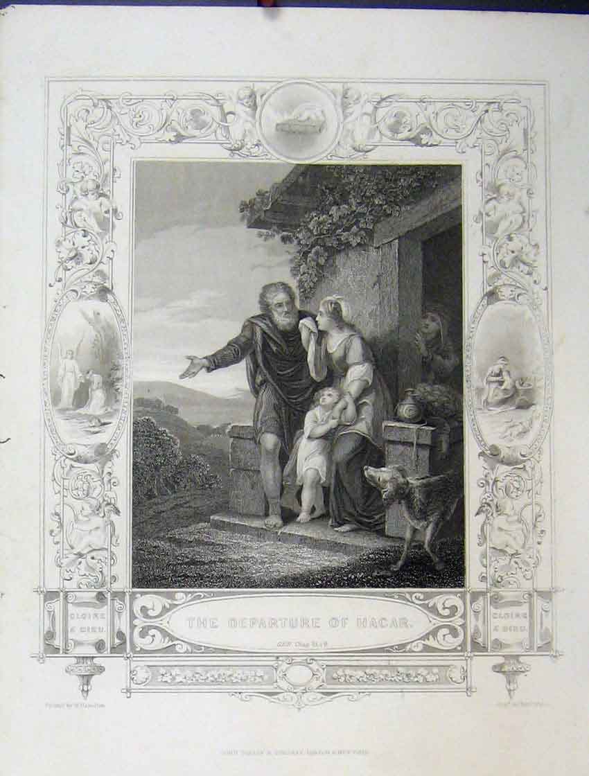 Original Old Antique Print C1860 Bible Study Scene Departure Hagar Wallis 19th