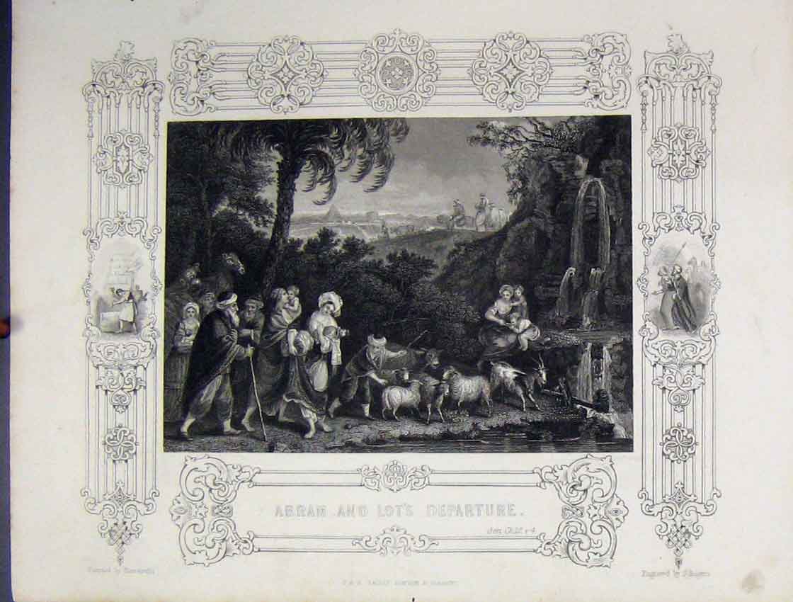 Original Old Antique Print C1860 Bible Study Scene Abram Lot'S Departure Rogers