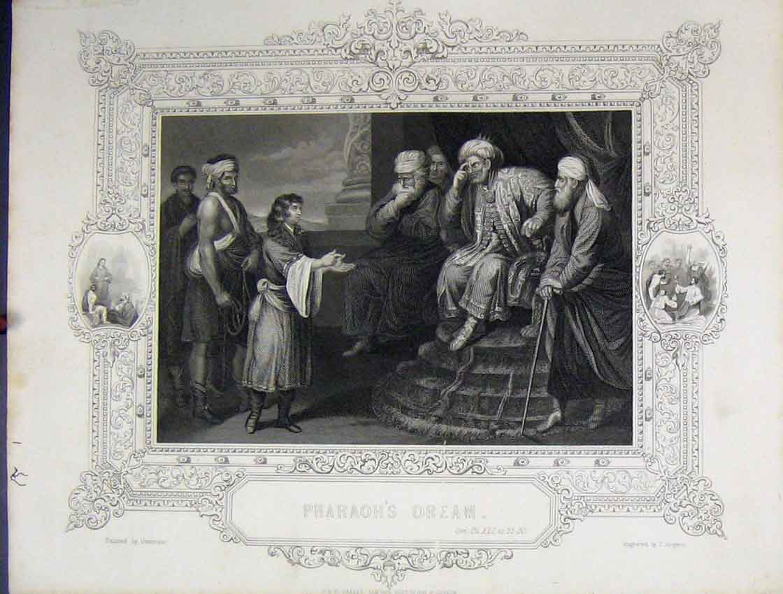 Original Old Antique Print C1860 Bible Study Scene Pharaoh'S Dream Rogers 19th