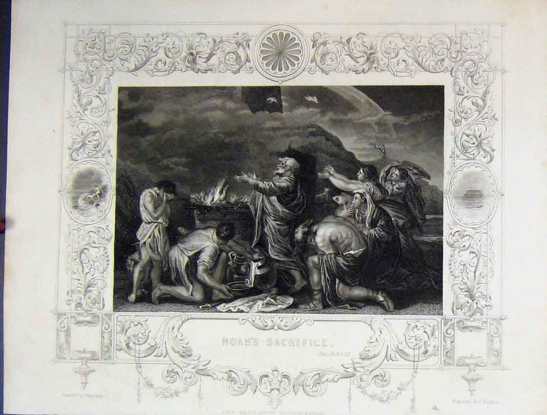 Original Old Antique Print C1860 Scene Noah'S Sacrifice Bible Study Rogers 19th