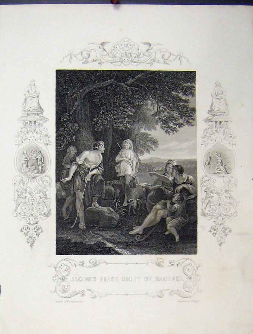Original Old Antique Print Scene Jacob'S First Sight Rachael C1860 Bible Study
