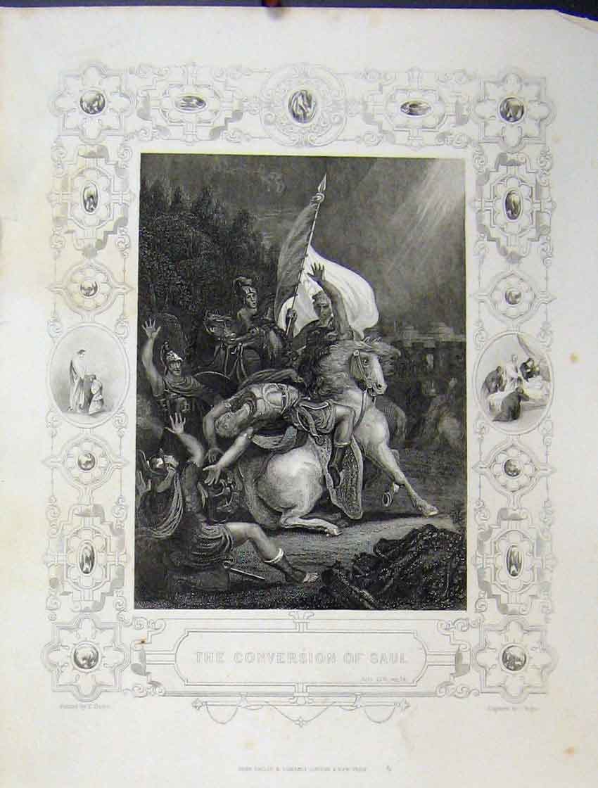 Original Old Antique Print C1860 Conversion Saul Horse Death Bible Study Rogers