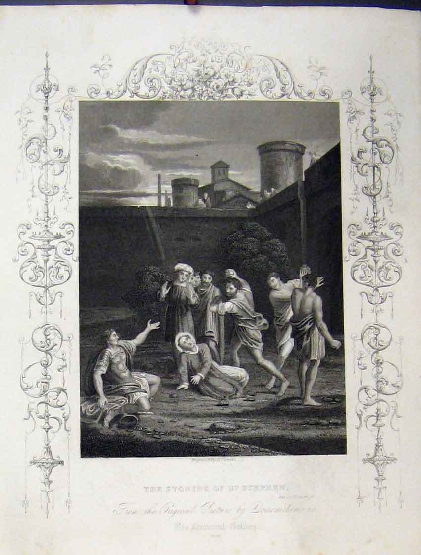 Original Old Antique Print C1860 Scene Stoning St Stephen Bible Study Fernell