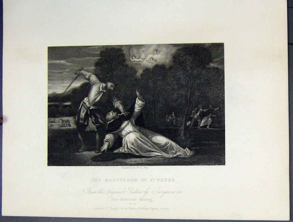 Original Old Antique Print Scene Martyrdom St Peter Death C1860 Bible Study