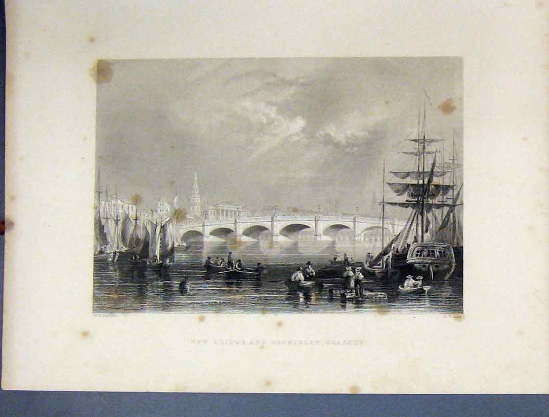 Original Old Antique Print View New Bridge Bromielaw Glasgow River C1860 Ships