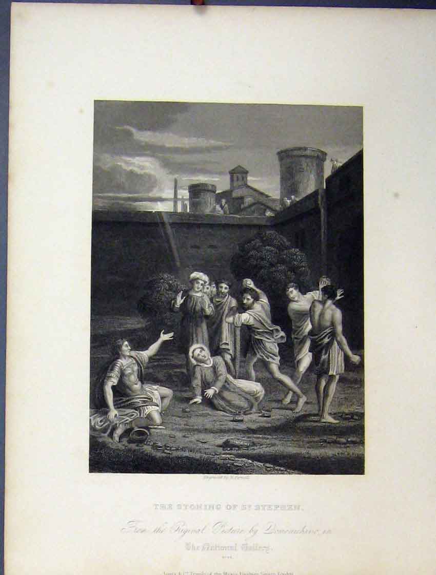 Original Old Antique Print Scene Stoning St Stephen C1860 Bible Study Victorian