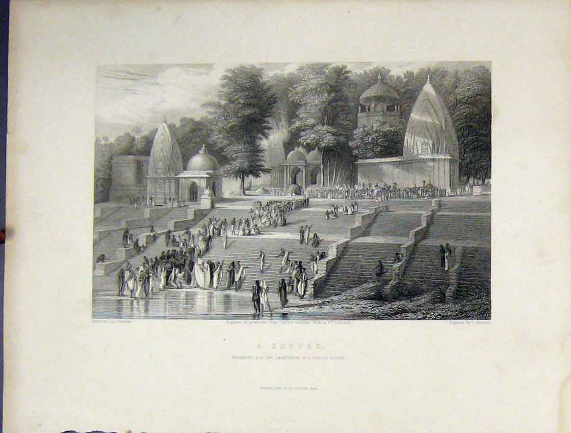 Original Old Antique Print 1844 View Suttee Steps People Bible Studies Redaway