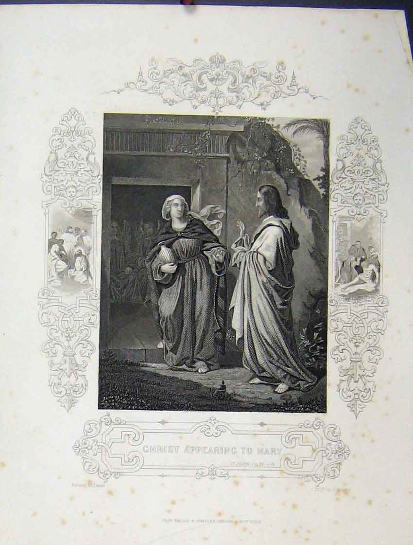 Original Old Antique Print C1860 Scene Jesus Christ Appearing Mary Bible Study