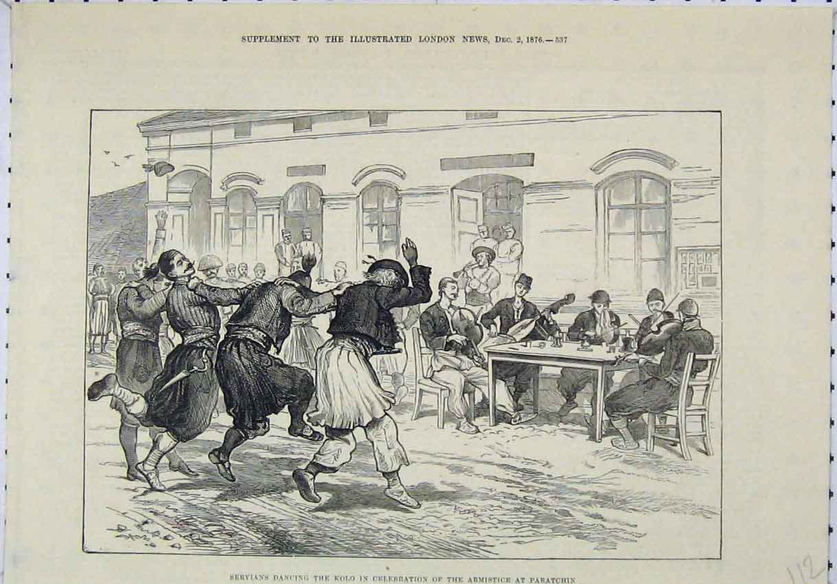 Original Old Antique Print 1876 Servians Dancing Kolo Celebration Armistice