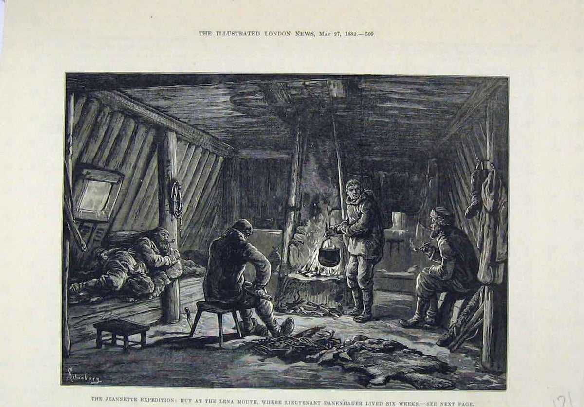 Original Old Antique Print 1882 Jeannette Expedition Hut Lena Mouth Danenhauer