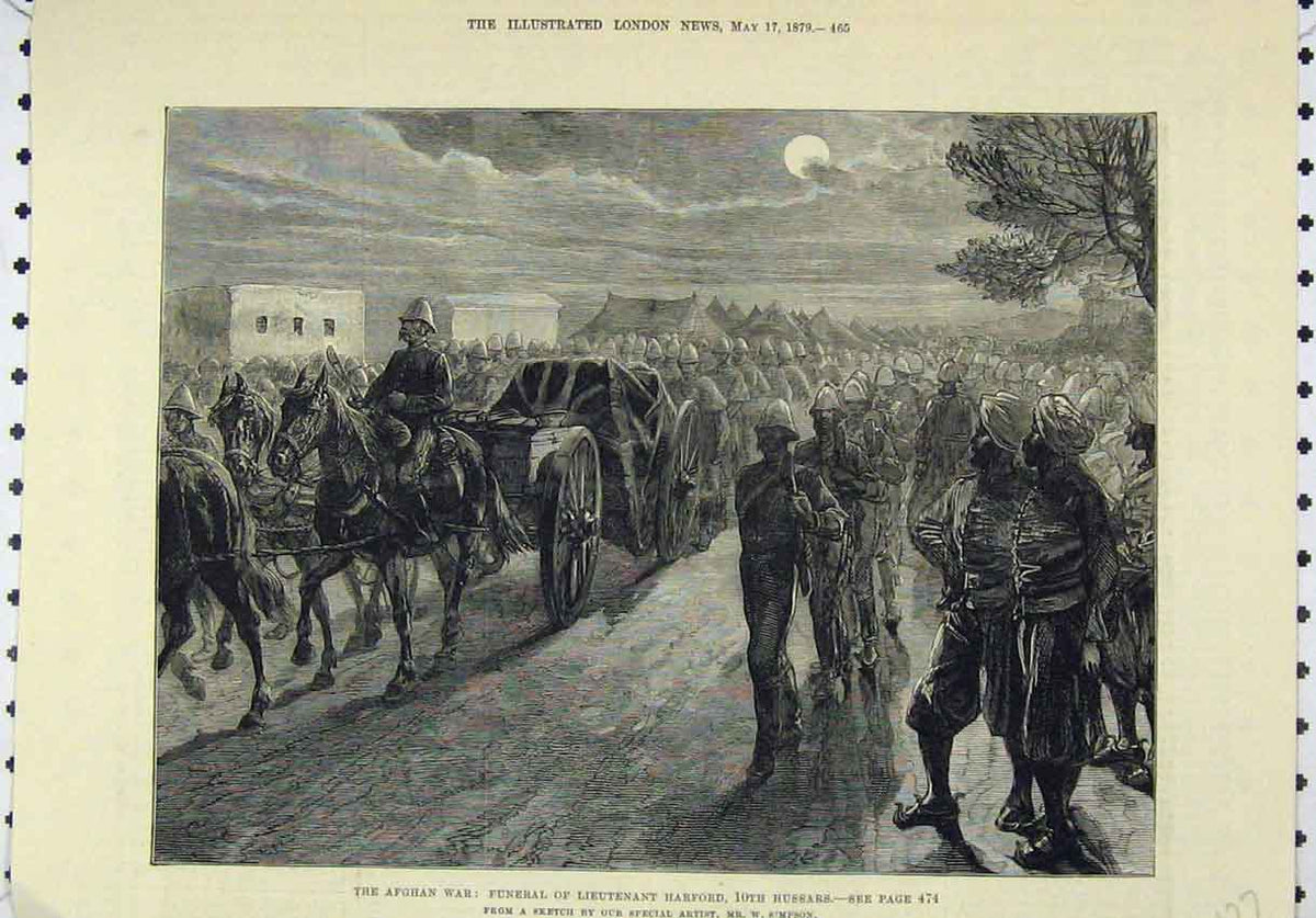 Original Old Antique Print 1879 Afghan War Funeral Lieutenant Harford Hussars