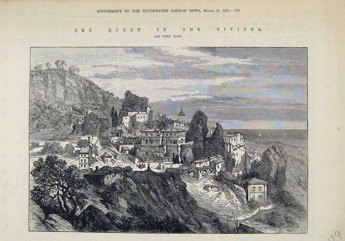 Original Old Antique Print 1882 Queen Riviera View Roccabruna Mentone Victorian
