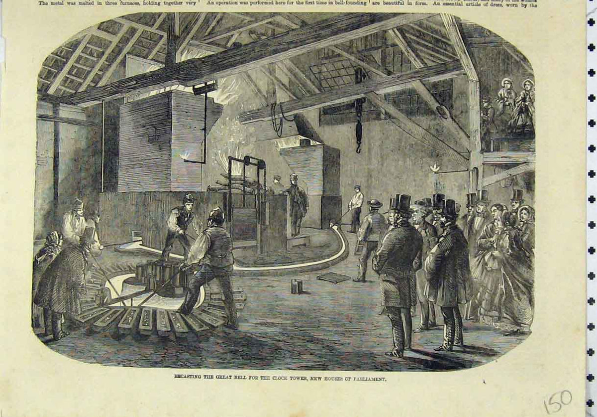 Original Old Antique Print Recasting Great Bell Clock Tower Houses Parliament