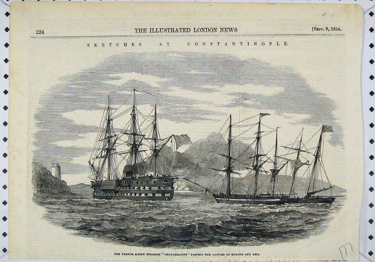 Original Old Antique Print 1854 French Screw Steamer Charlemagne Castles Europe