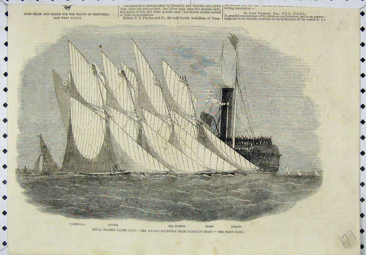 Original Old Antique Print Royal Thames Yacht Club Chapman Head Quiver Violet