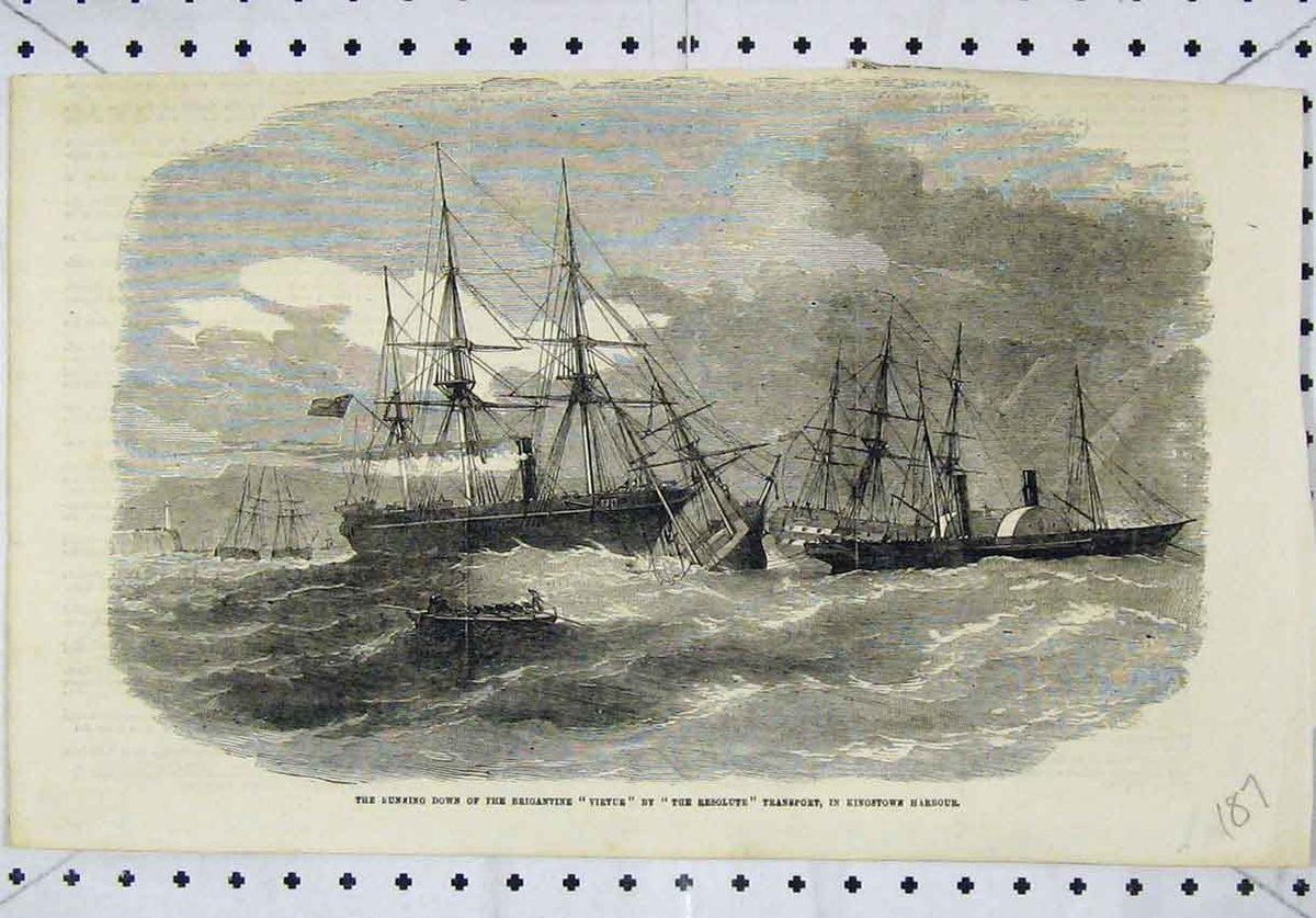 Original Old Antique Print Running Down Brigantine Virtue Kingstown Harbour