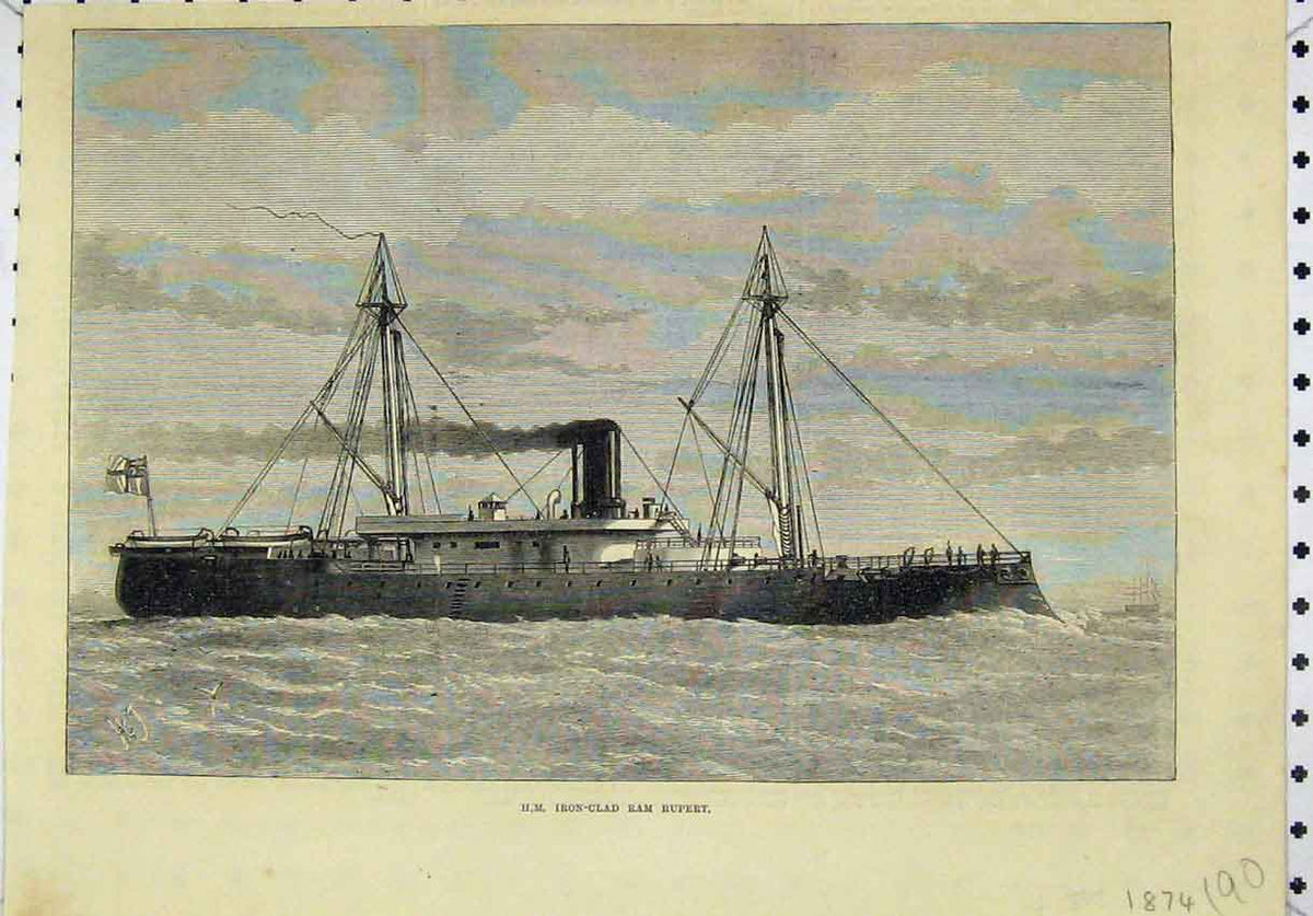Original Old Antique Print 1874 Queens Iron-Clad Ram Rupert Ship 19th