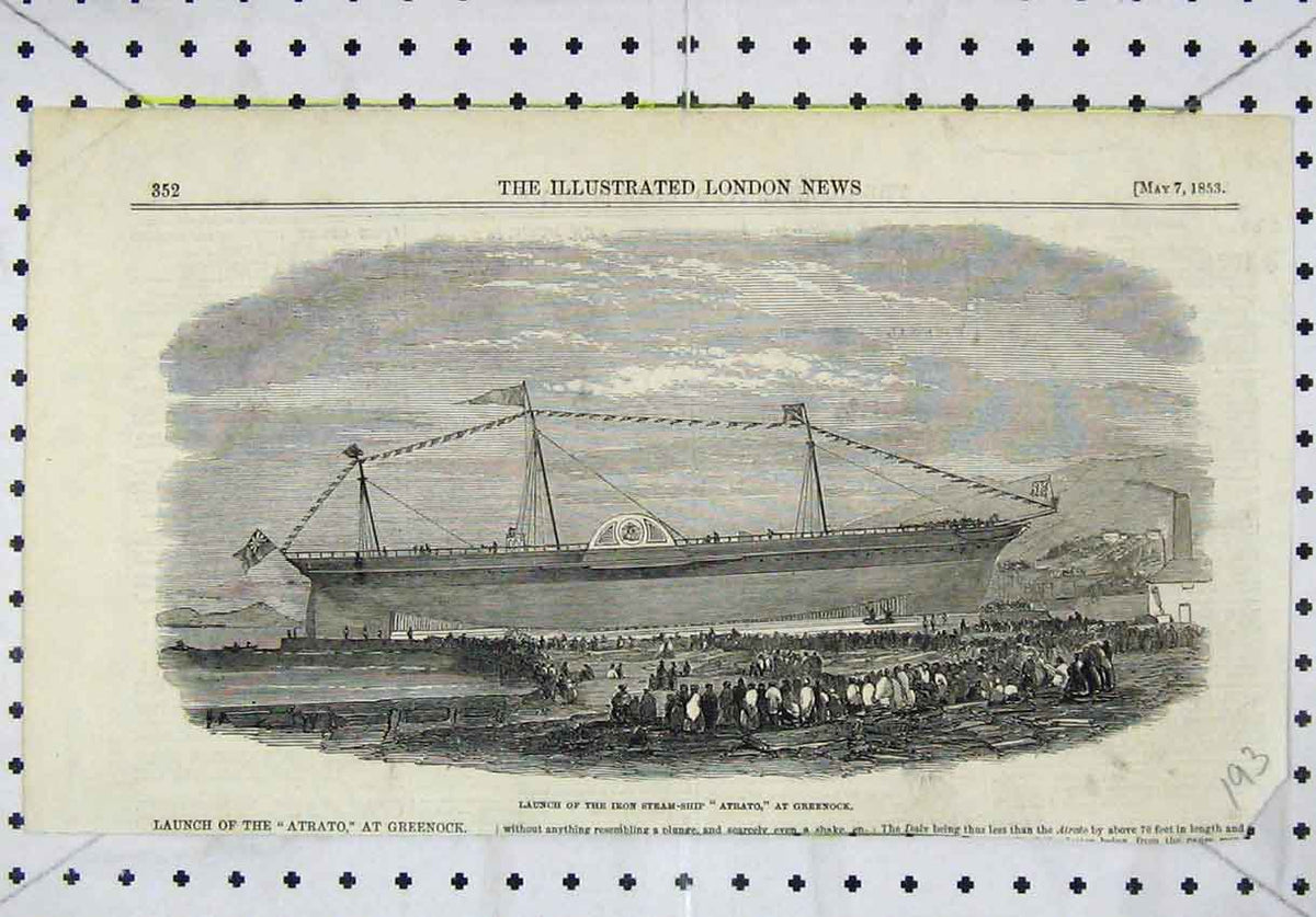 Original Old Antique Print 1853 Launch Iron Steam-Ship Atrato Greenock 19th