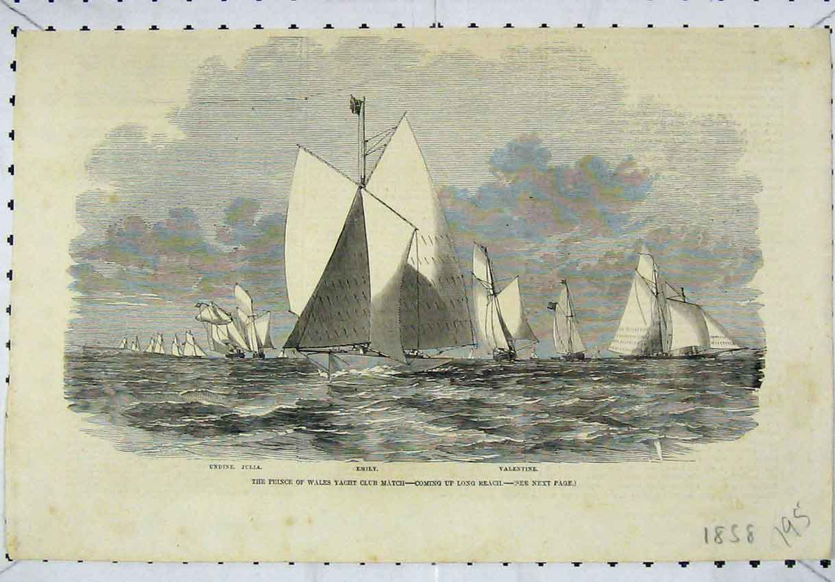 Original Old Antique Print 1858 Prince Wales Yacht Club Match Emily Valentine