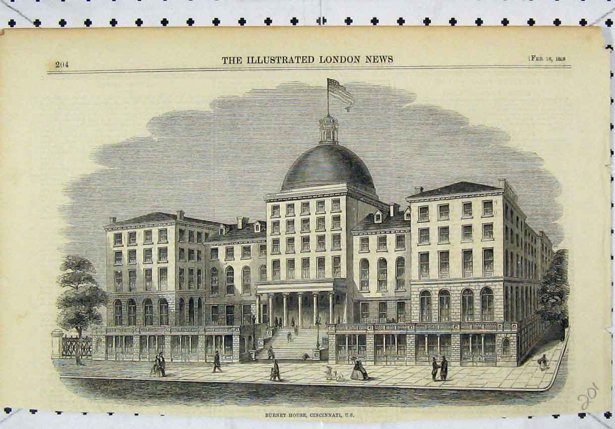 Original Old Antique Print 1859 View Burnet House Cincinnati America Victorian