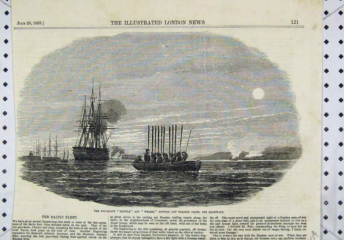 Original Old Antique Print 1855 Gun-Boats Thistle Weasel Cutting Trading Craft