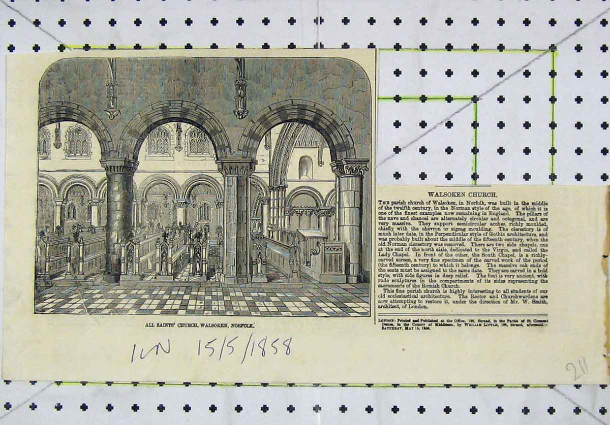 Original Old Antique Print 1858 Scene All Saints Church Walsoken Norfolk 19th