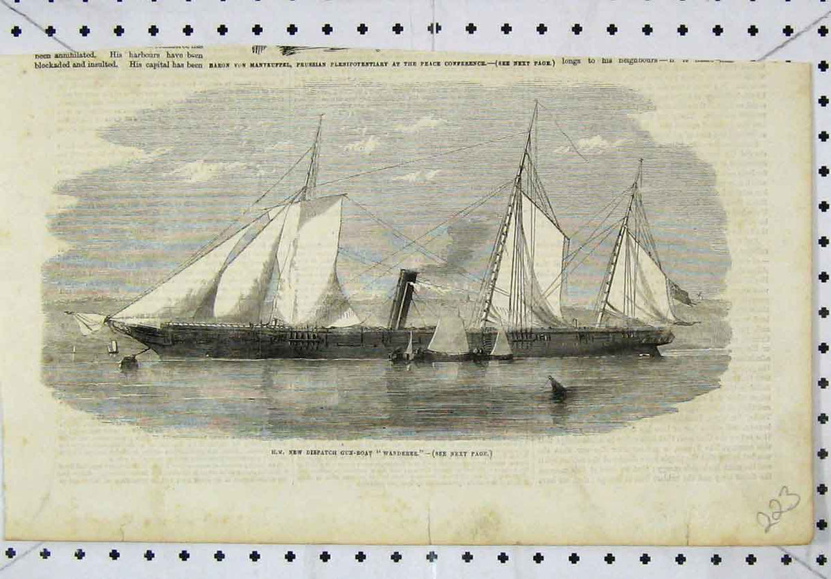 Original Old Antique Print View Queen New Dispatch Gun-Boat Wanderer