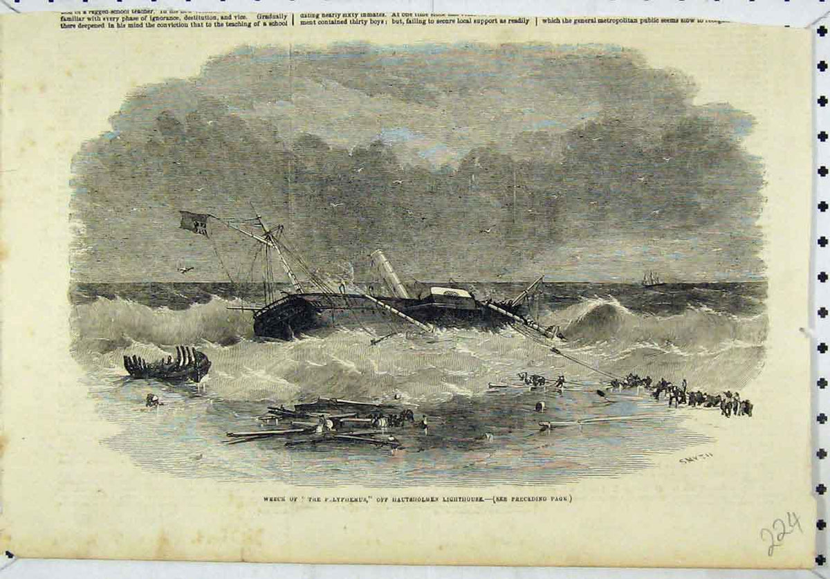 Original Old Antique Print Ship Wreck Polyphemus Hautsholmen Lighthouse