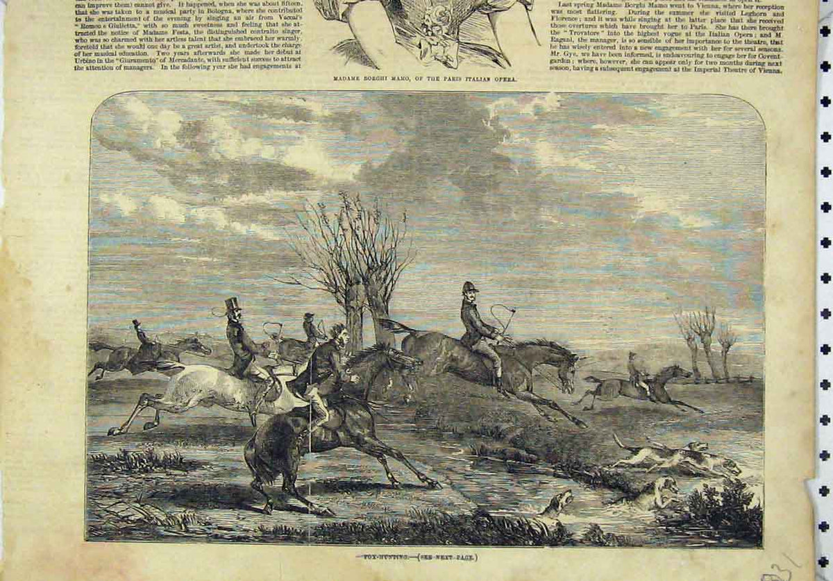 Old Antique Print Fox Hunting Horses Hounds Riders Jumping Ditch Country