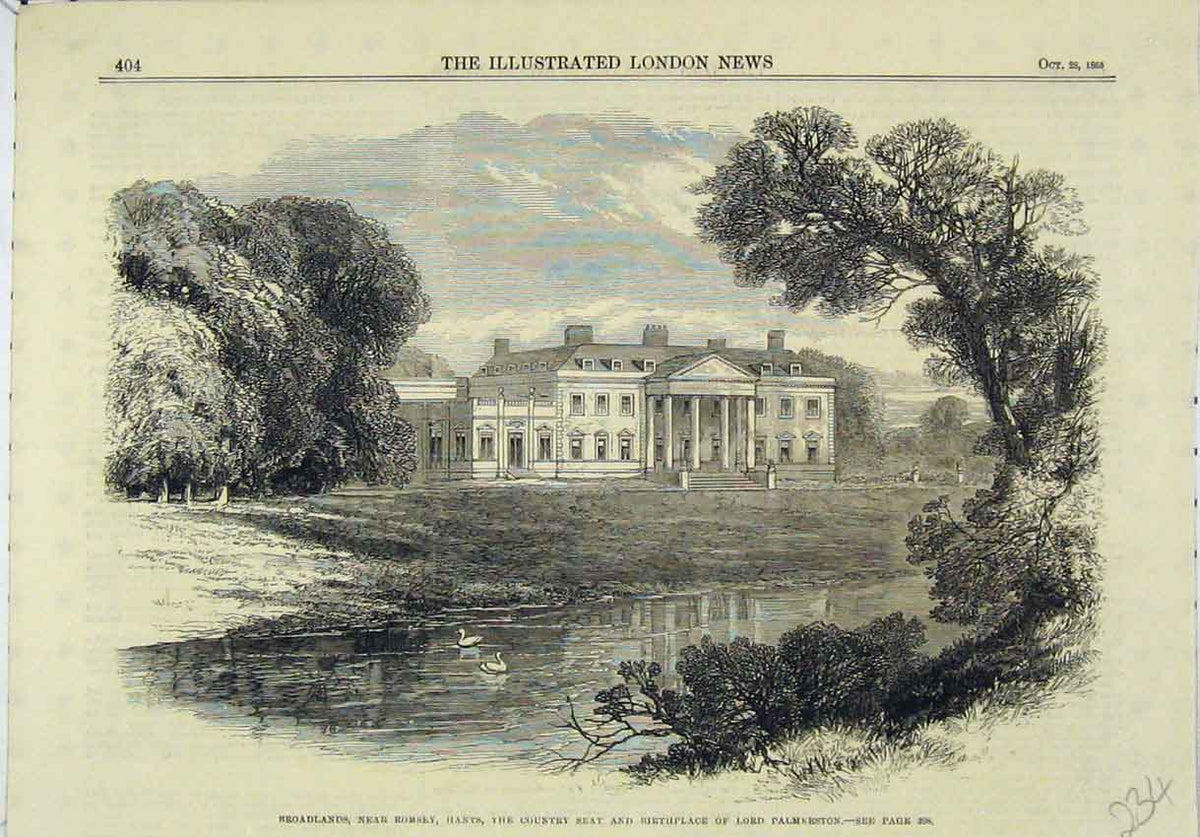 Original Old Antique Print Broadlands Country Seat Birthplace Lord Palmerston
