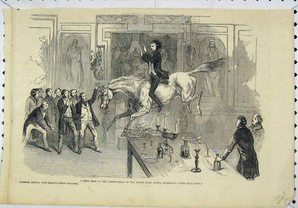 Old Antique Print Horse Leaping Dining-Room White Heart Hotel Aylesbury