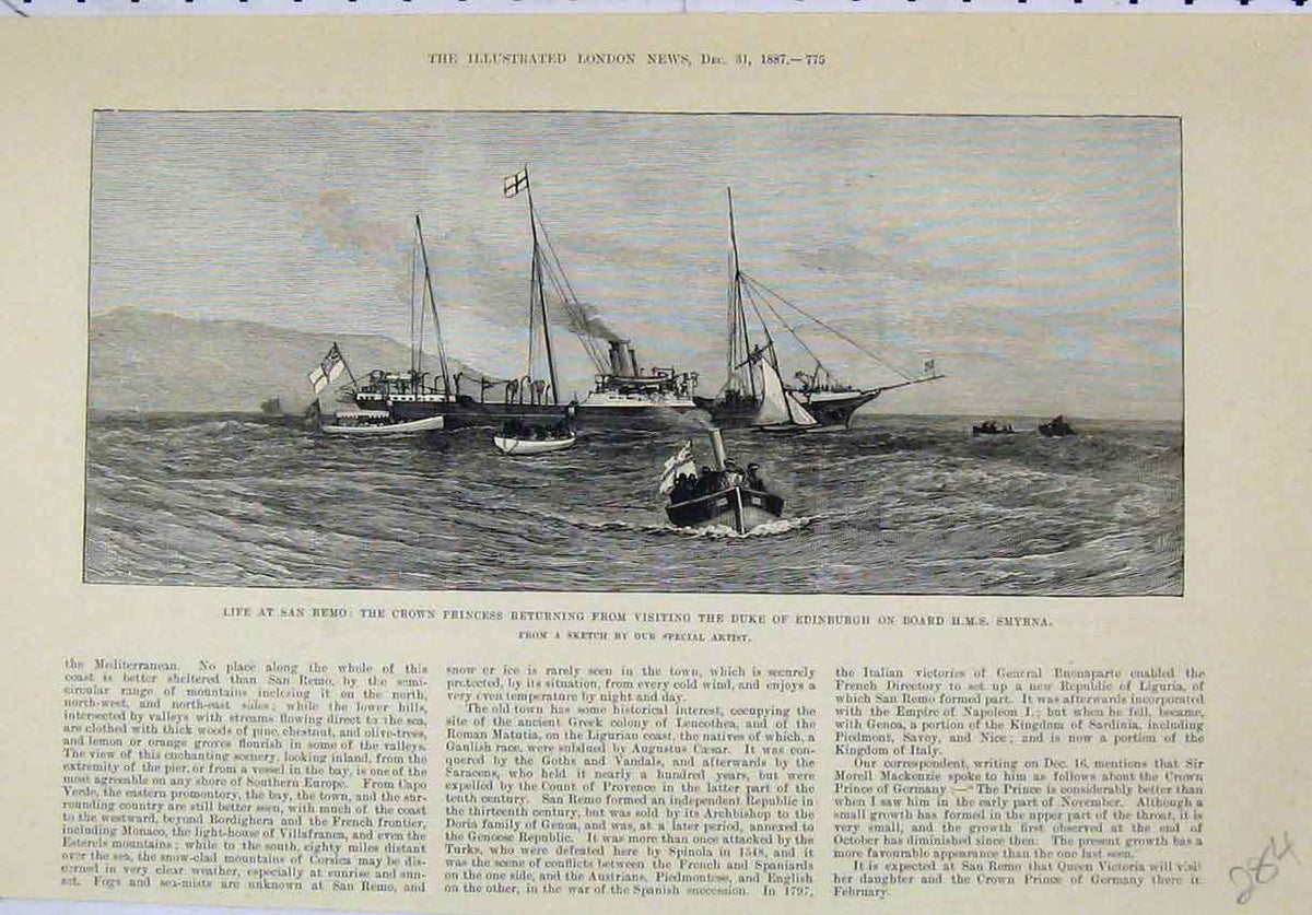 Original Old Antique Print 1887 San Remo Crown Princess Duke Edinburgh Smyrna