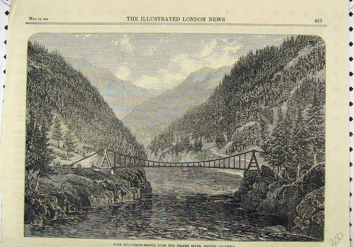 Original Old Antique Print 1866 Wire Suspension-Bridge Fraser River Columbia