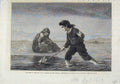 Original Old Antique Print 1869 Children Sea Boy Playing Boat Mother Watching