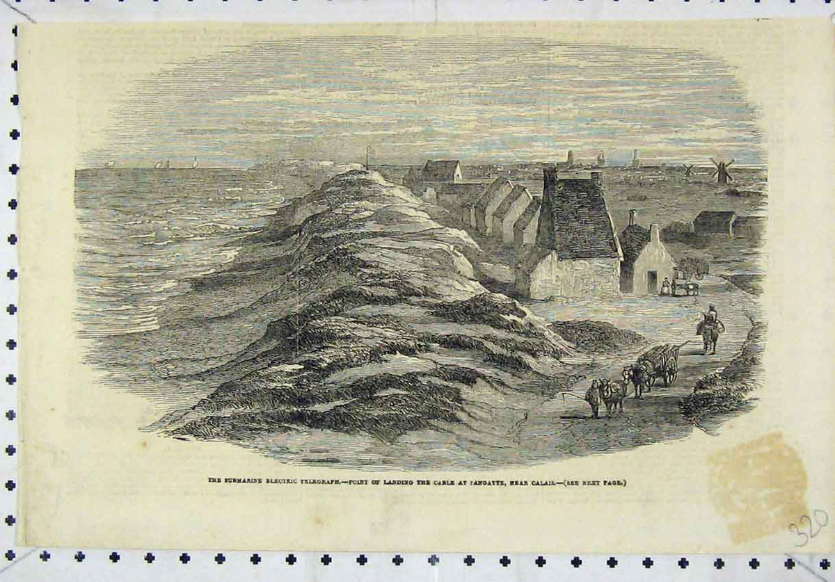 Original Old Antique Print Submarine Electric Telegraph Landing Sangatte Calais