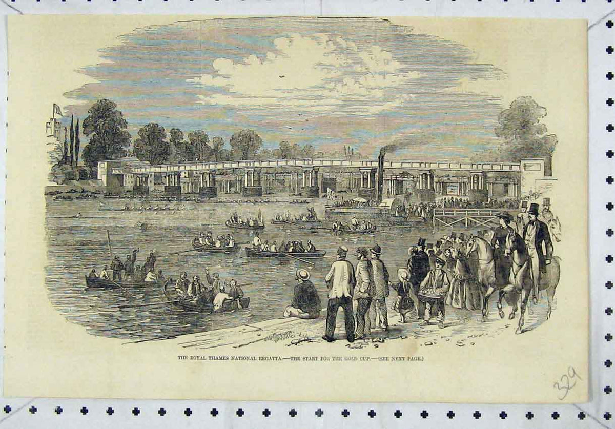 Original Old Antique Print Royal Thames National Regatta Start GCup Boats