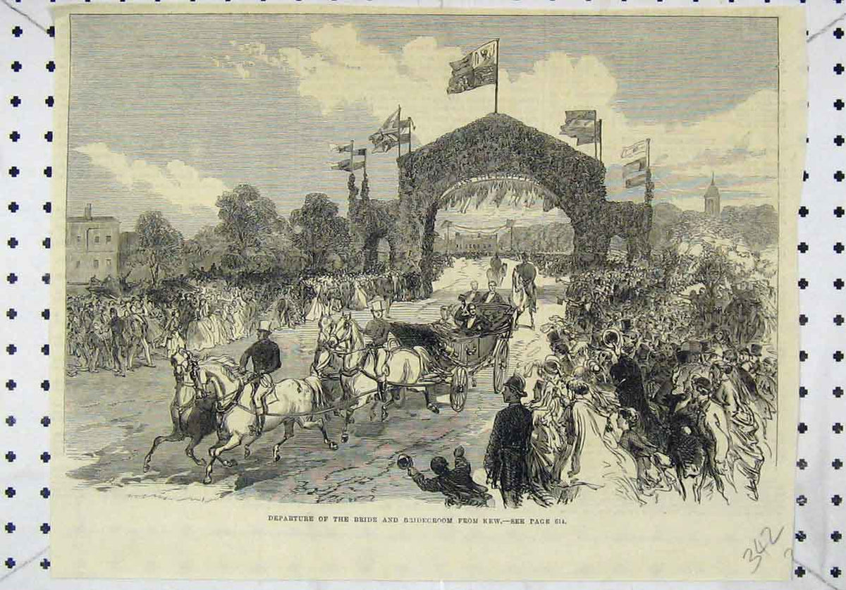 Original Old Antique Print Scene Departure Bride Bridegroom Kew Gardens