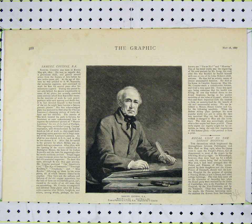 Original Old Antique Print 1887 Portrait Samuel Cousins Society Arts Victorian