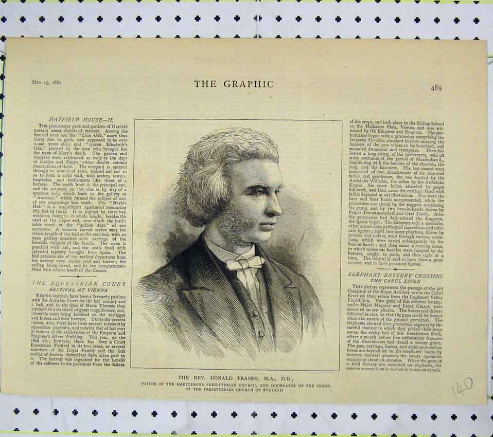 Original Old Antique Print 1880 Portrait Rev. Donald Fraser Pastor Church Synod