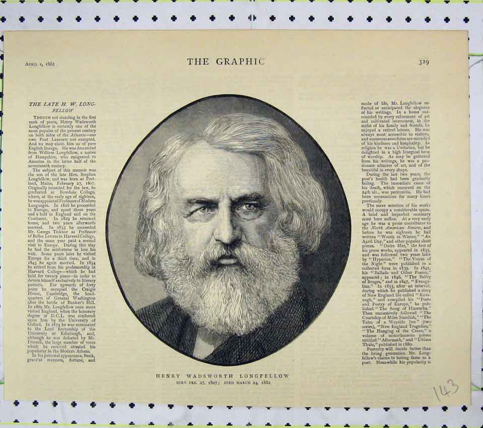 Original Old Antique Print 1882 Portrait Henry Wadsworth Longfellow Victorian