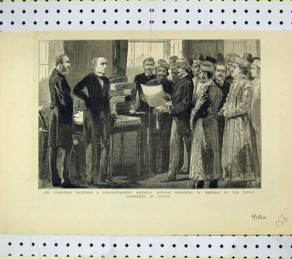 Original Old Antique Print Gladstone Birthday Adress Members Indian London